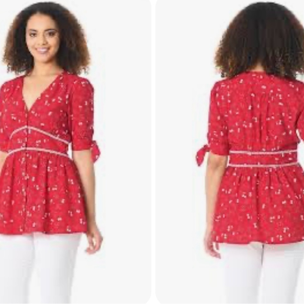 eShakti Red Cherry Print Peplum Top Sz S Bow Sleeve Retro Pinup Baby Doll Top